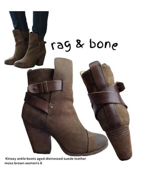 rag & bone Kinsey ankle boots aged distressed suede leather moss brown women's 6